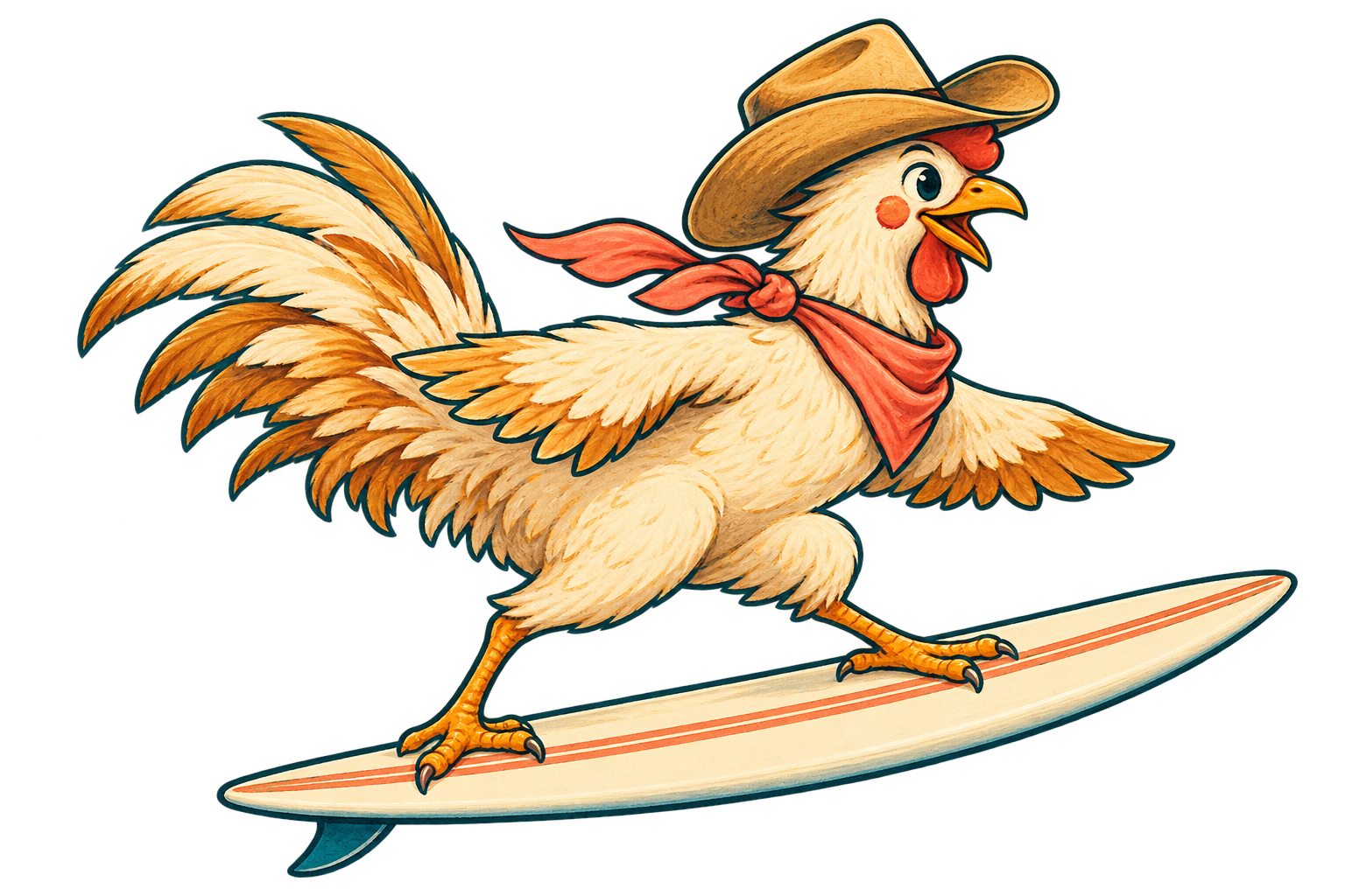 A cowboy chicken riding a surfboard